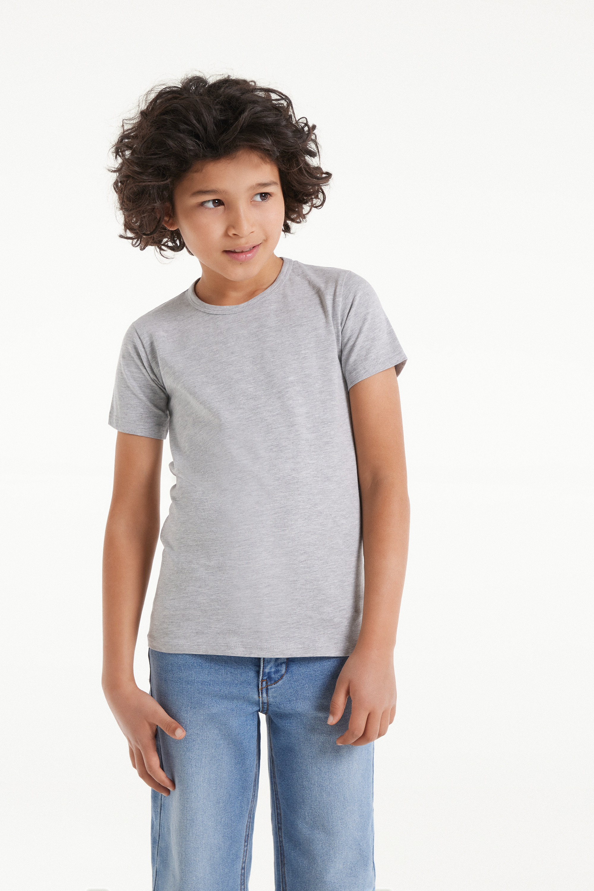 T-Shirt Básica Decote Redondo em Algodão Elástico Criança Unissexo