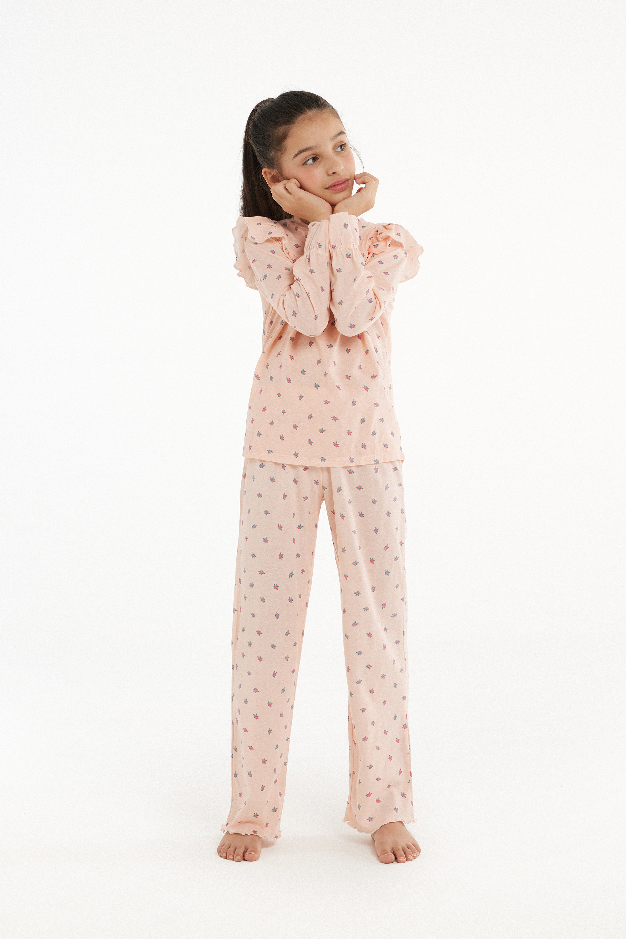 Dlouhé Dívčí Bavlněné Pyžamo s Volánkem