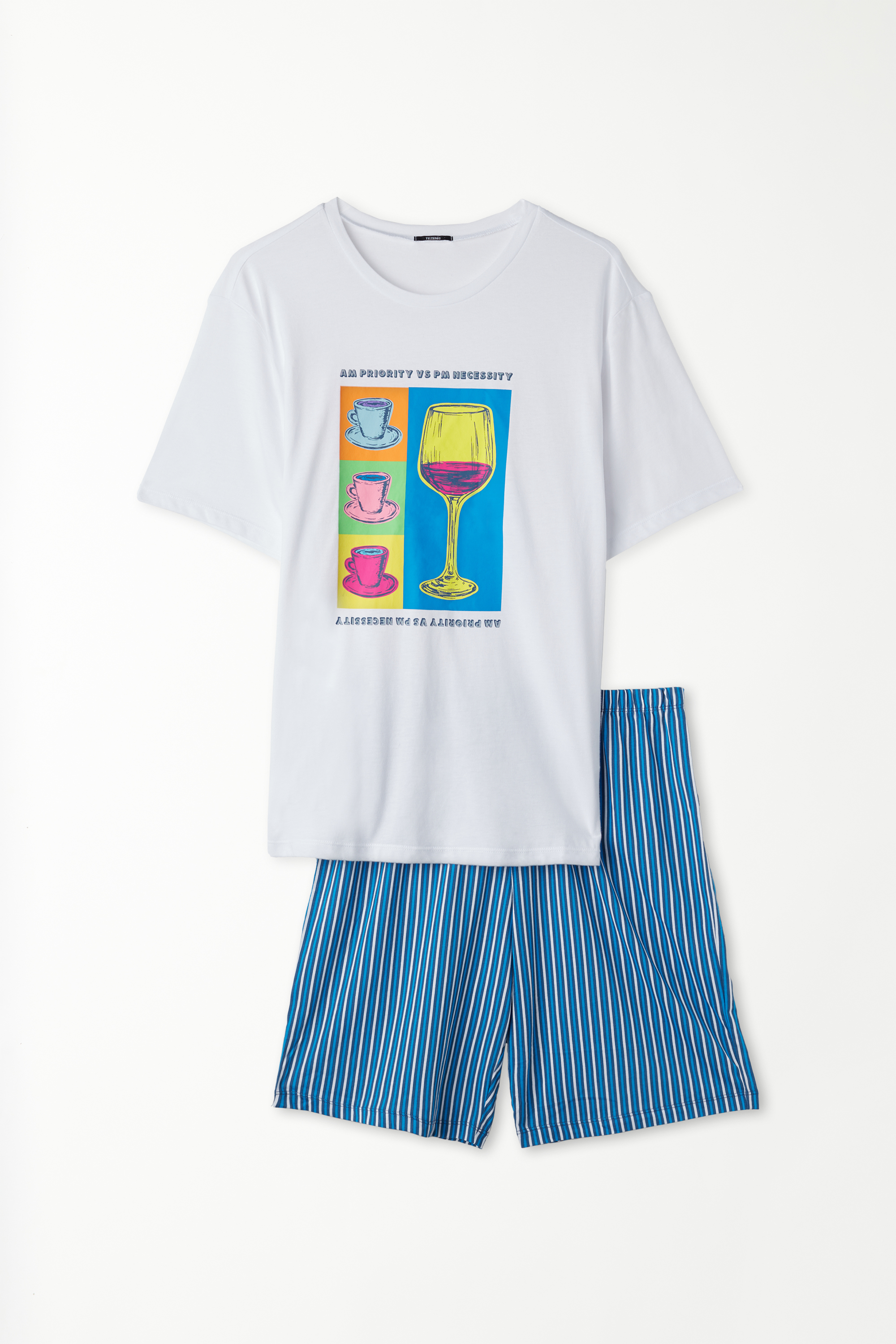 Kurzer Baumwoll-Pyjama mit kurzen Ärmeln und Weinglas-Print
