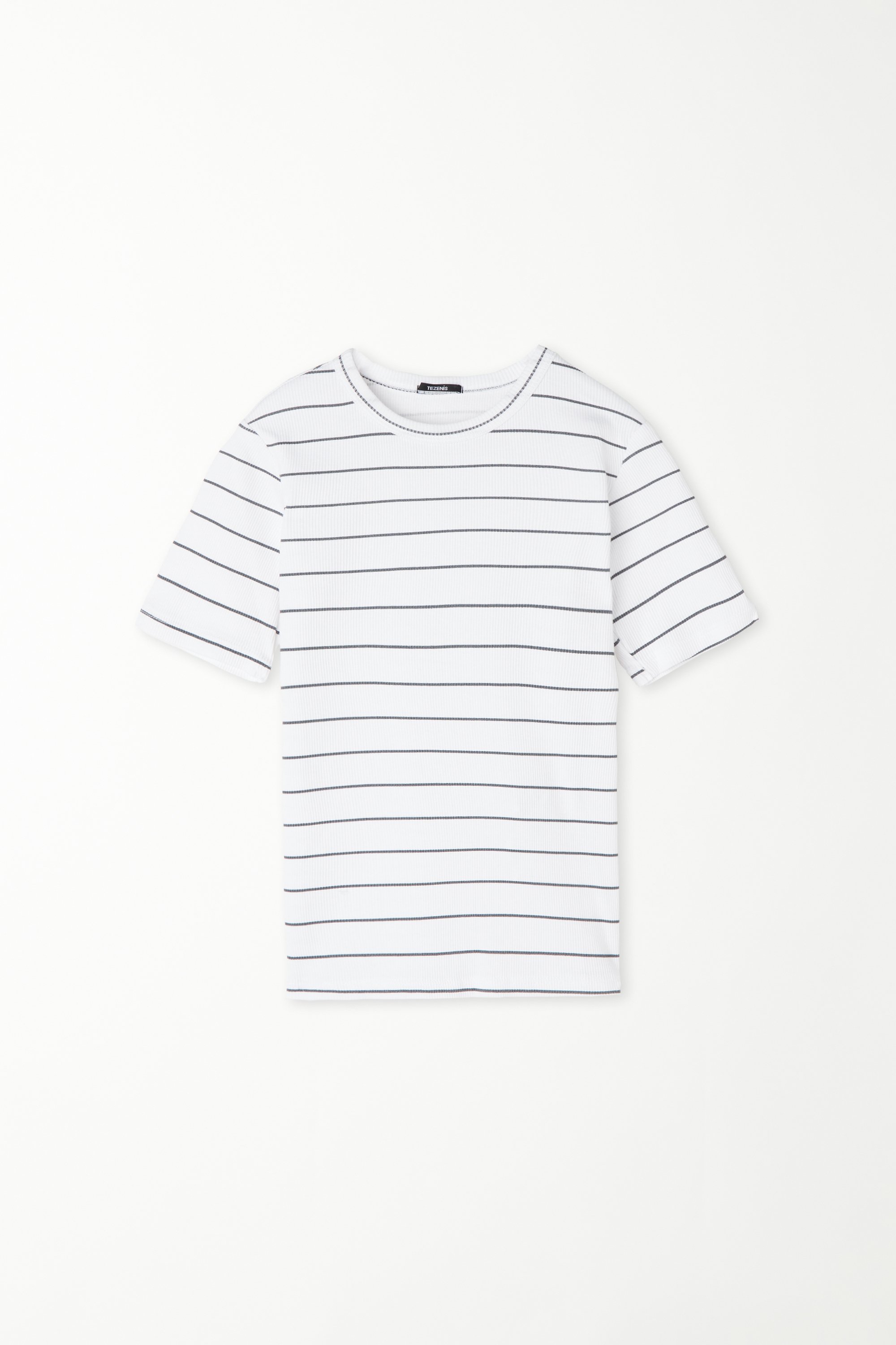 Rundhals-T-Shirt aus gerippter Baumwolle mit Streifenprint