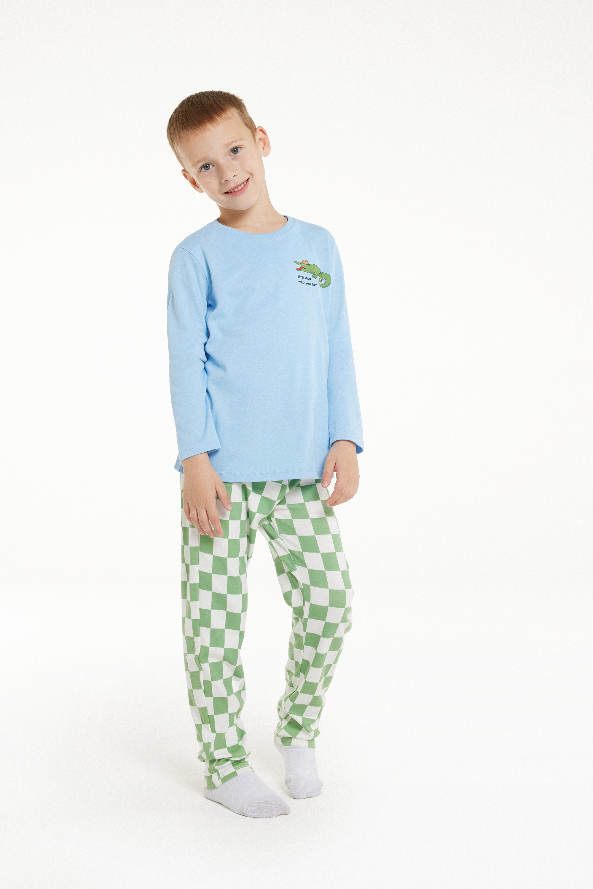 Pijama Largo de Algodón con Estampado de Cocodrilo para Niño