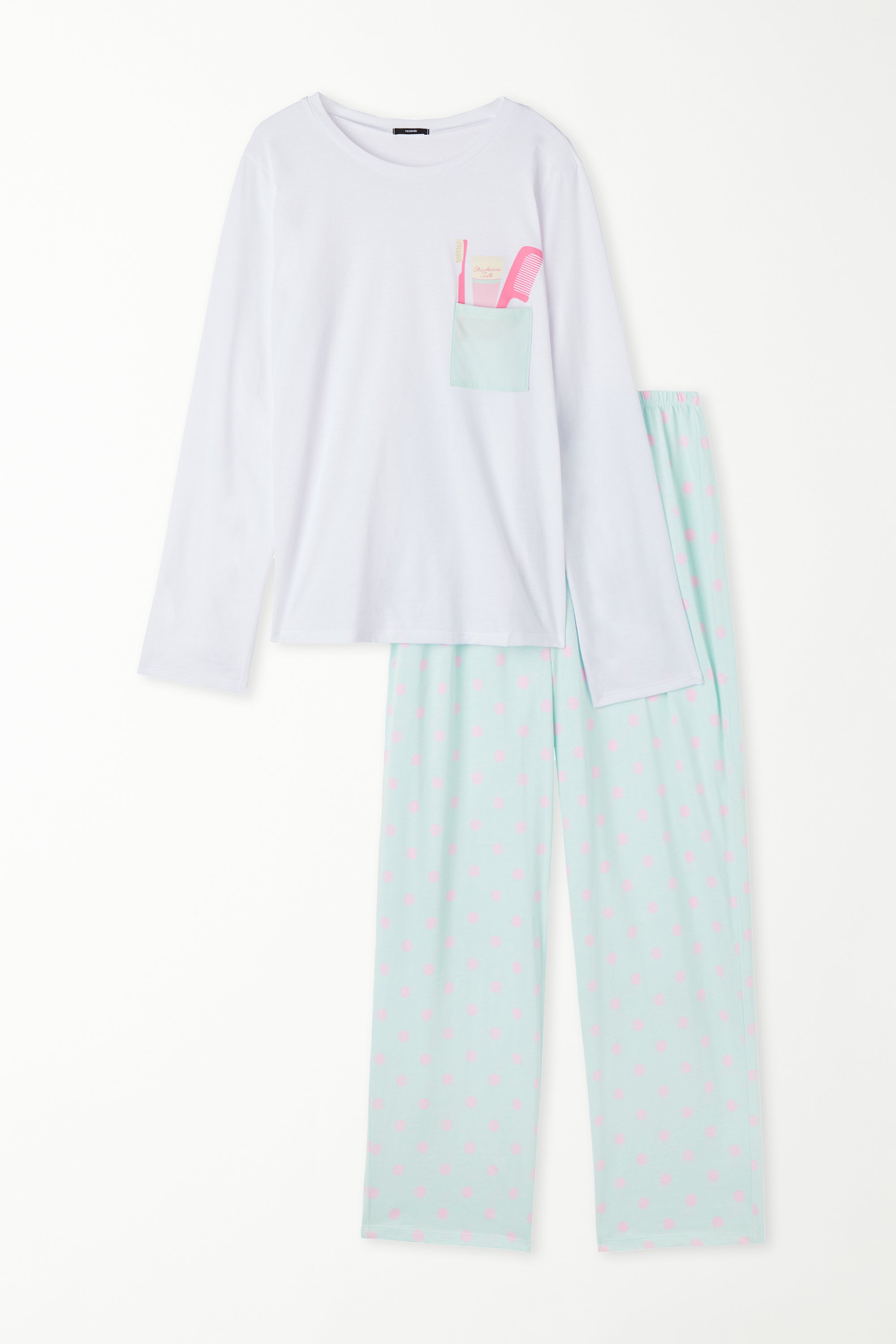 Langer Pyjama aus Baumwolle mit Ärmeltasche