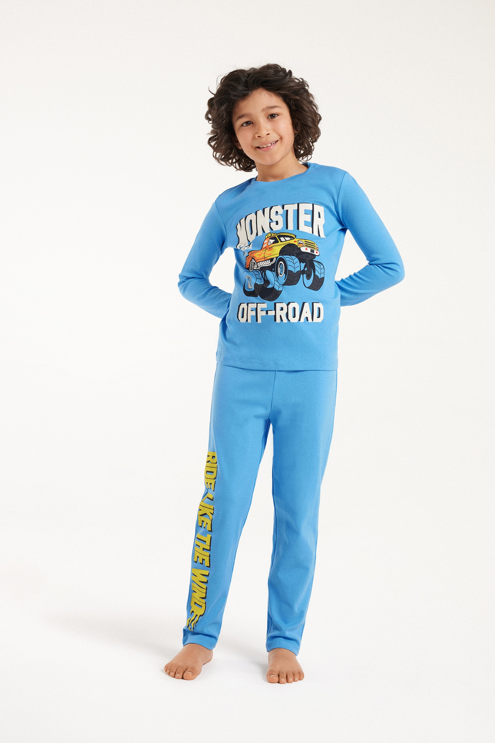 Langer Pyjama für Jungen aus schwerer Baumwolle mit Monster-Print