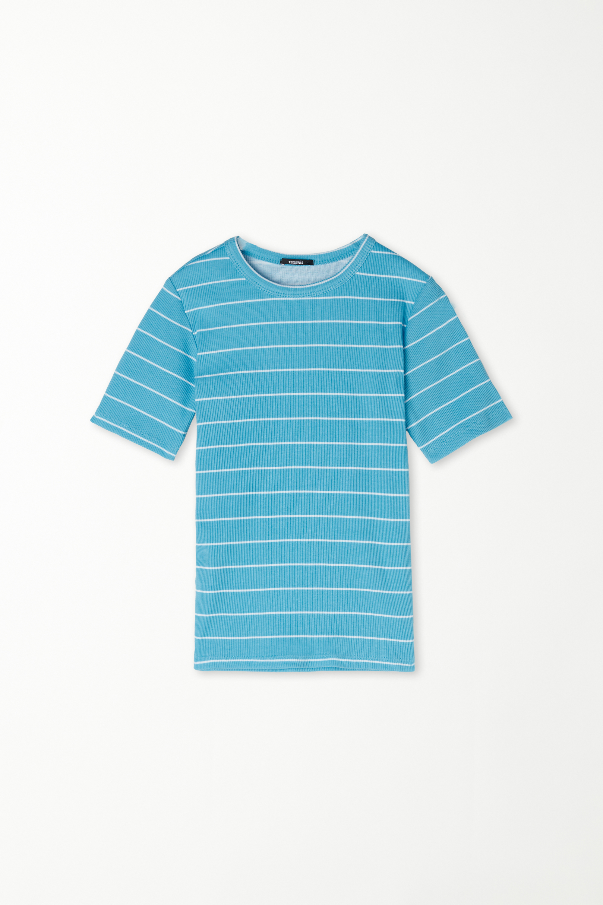 Βαμβακερό Ριμπ T-Shirt με Ριγέ Print και Στρογγυλή Λαιμόκοψη