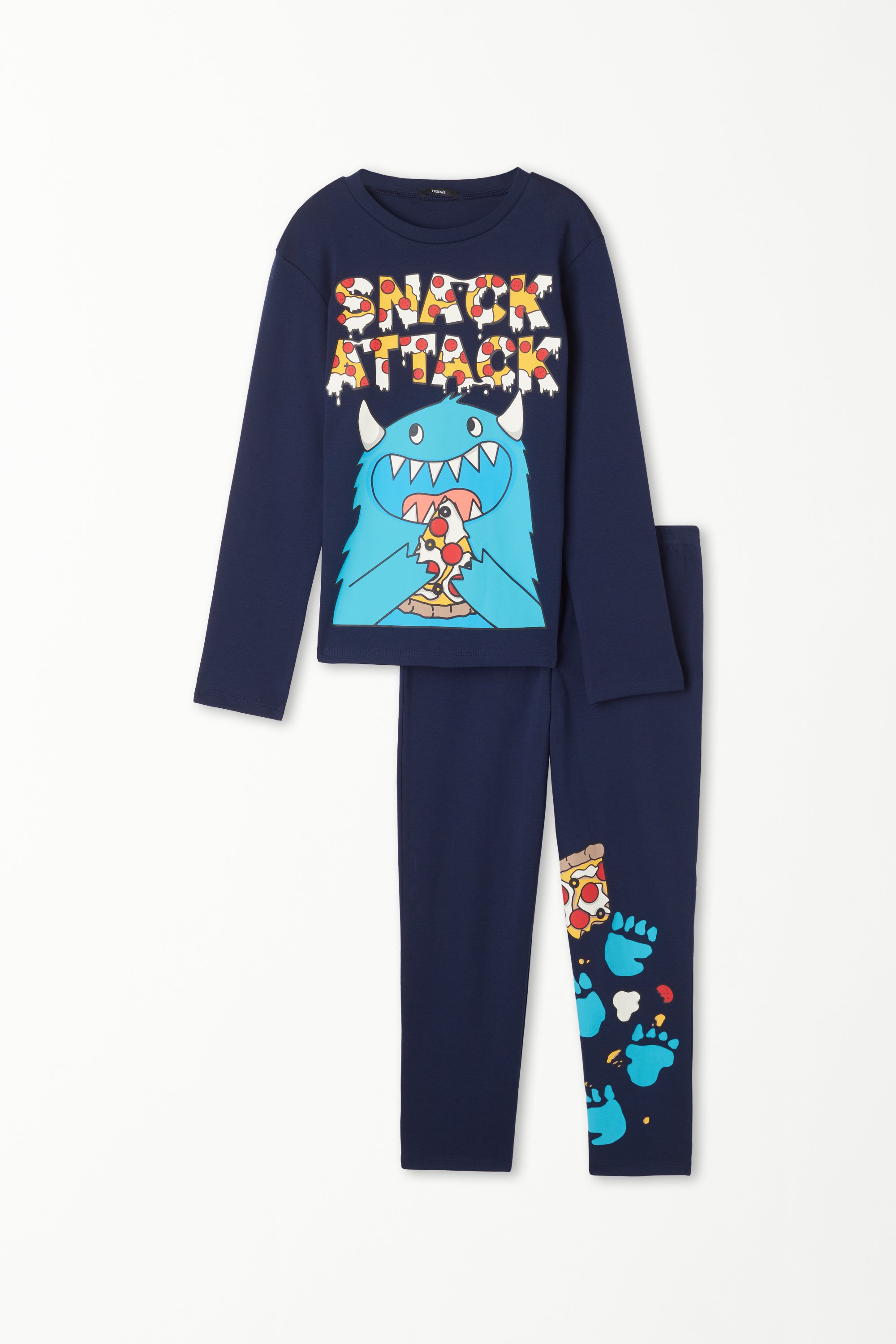 Langer Pyjama für Jungen aus schwerer Baumwolle mit Snack-Attack-Print