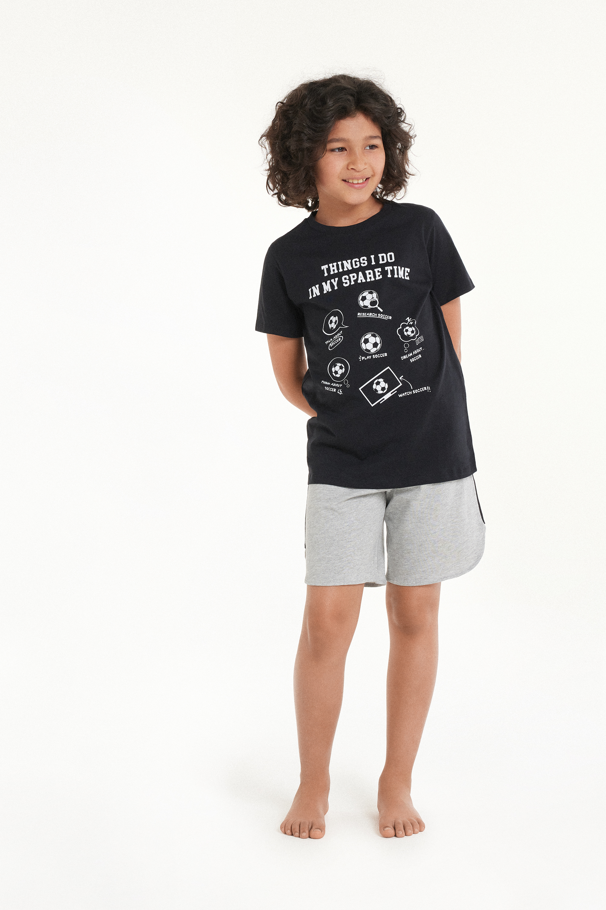 Kurzer Baumwollpyjama mit „Fußball“-Print für Jungen