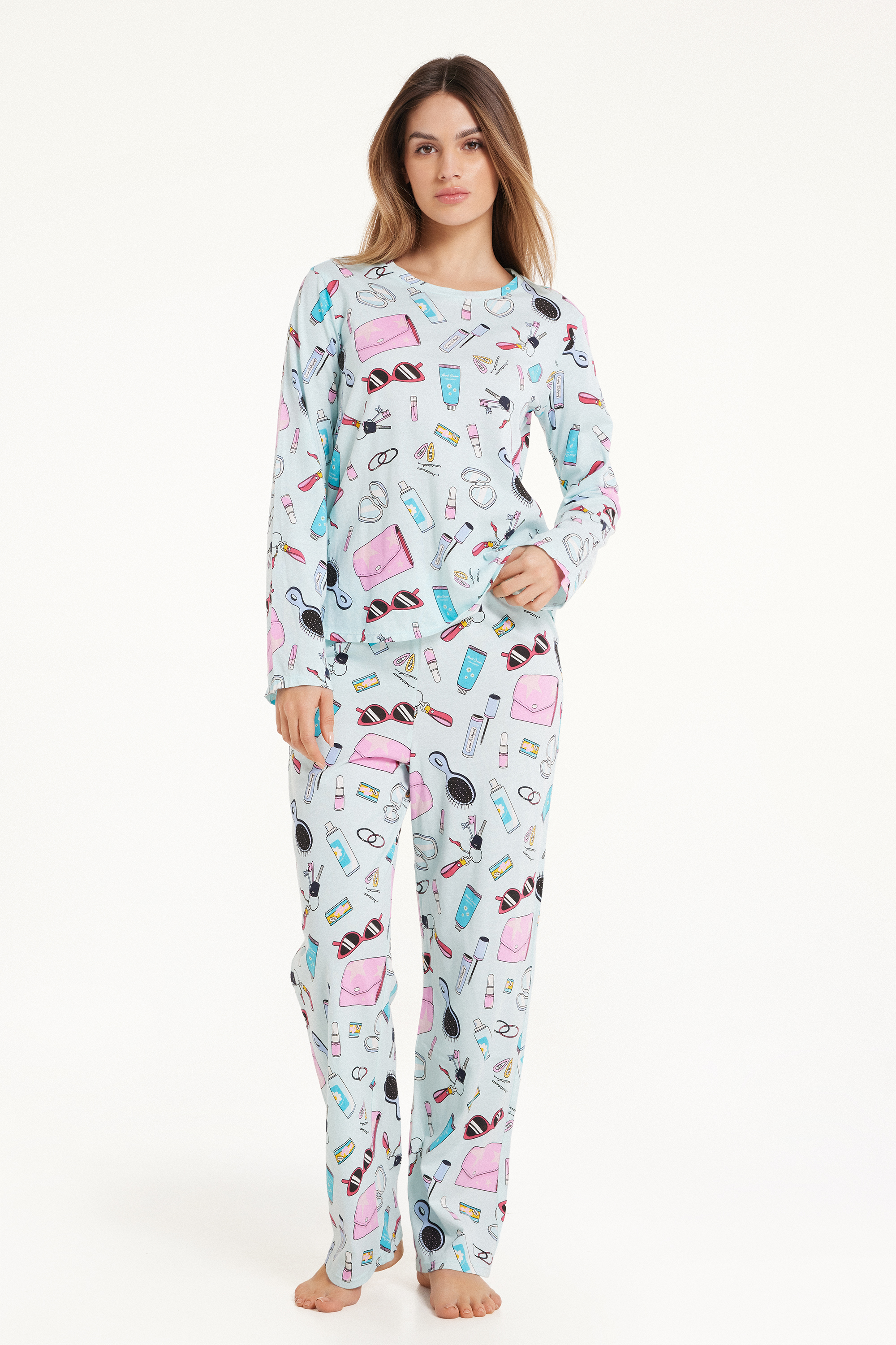 Langer Pyjama aus Baumwolle mit Beauty-Print