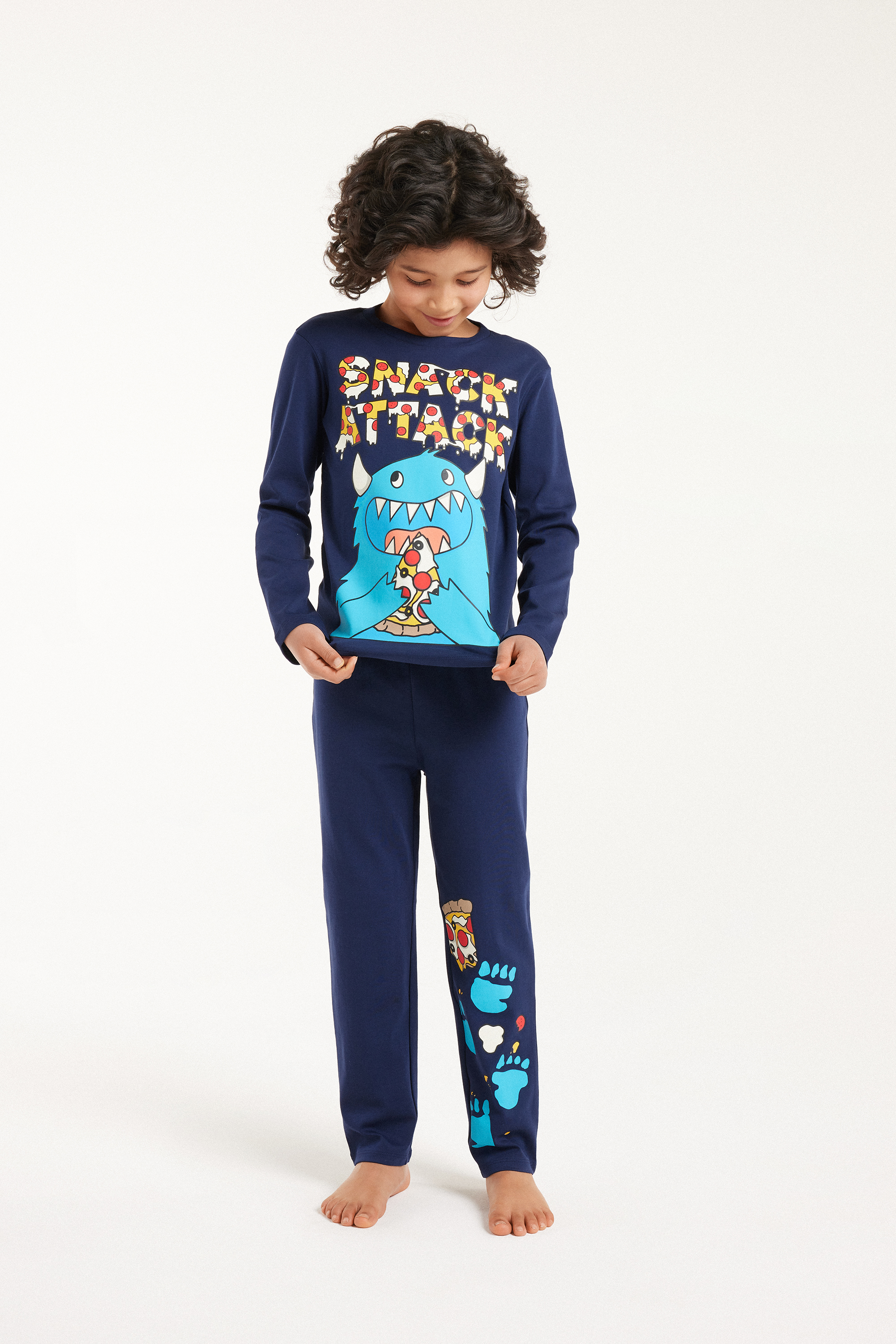 Χοντρή Βαμβακερή Μακριά Πιτζάμα για Αγόρι Print "Snack Attack"