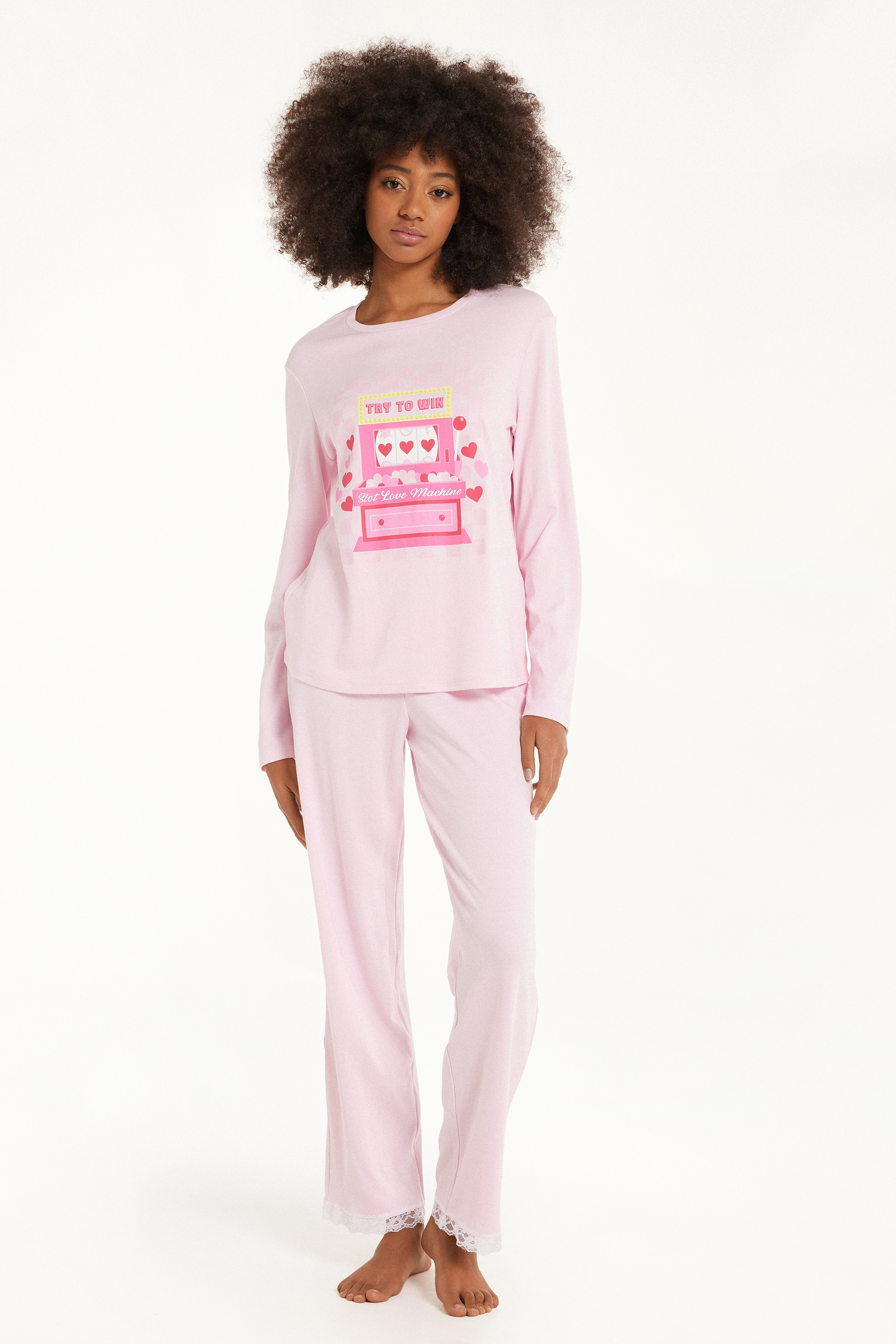 Pijama Comprido em Algodão Grosso com Renda Estampado Love Machine