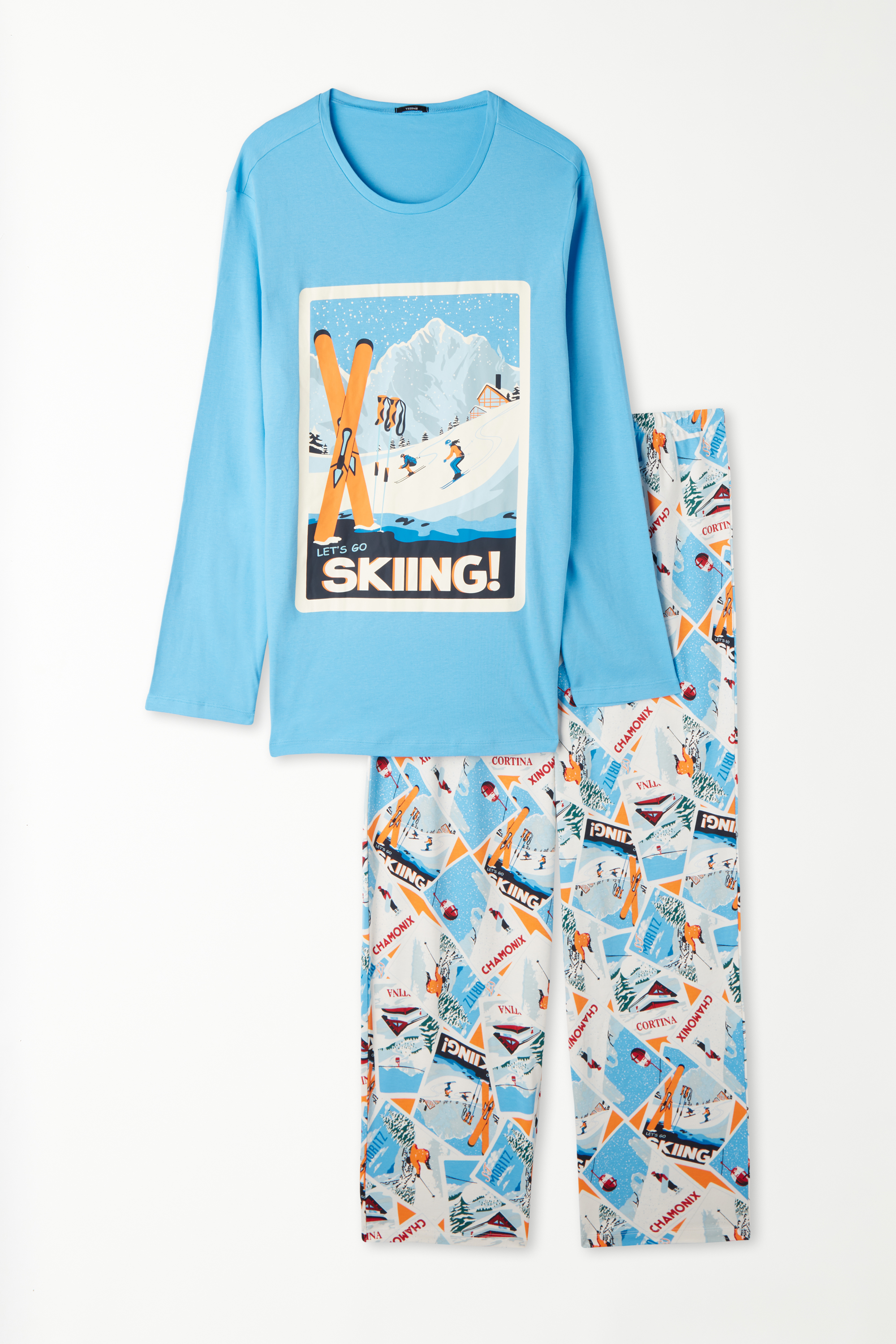 Pijama Largo de Algodón Grueso con Estampado de Esquí