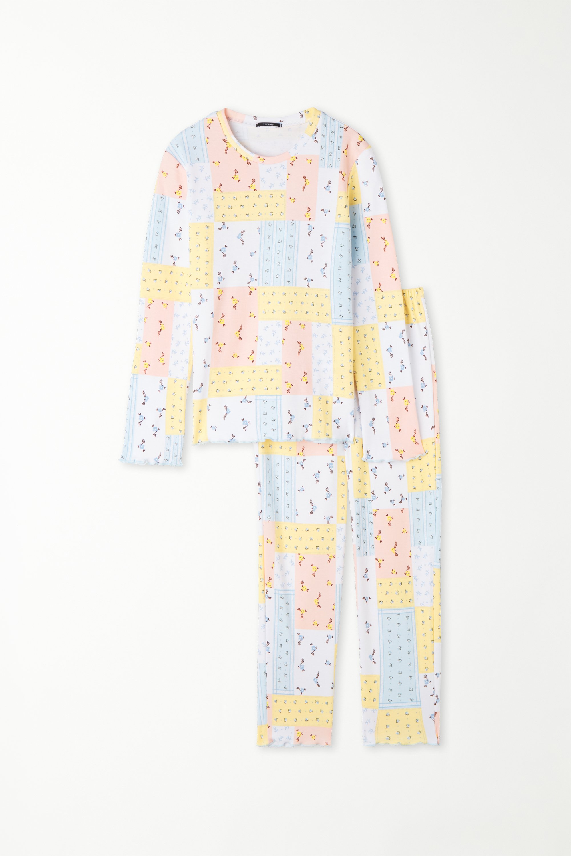 Dlouhé Dívčí Pyžamo z Hrubé Bavlny s Patchworkovým Květovaným Potiskem
