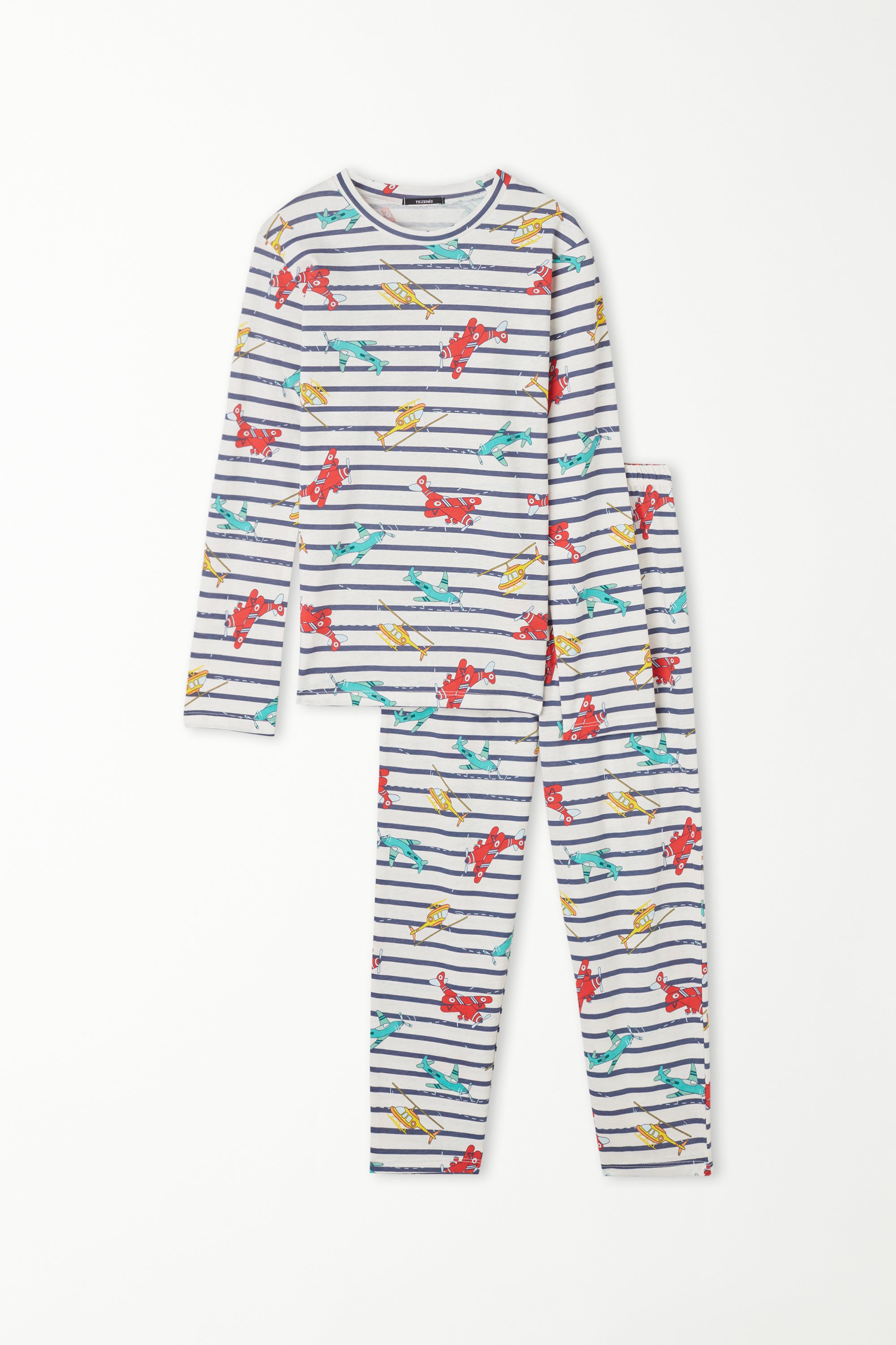 Langer Pyjama aus Baumwolle mit Flugzeug-Streifen-Print