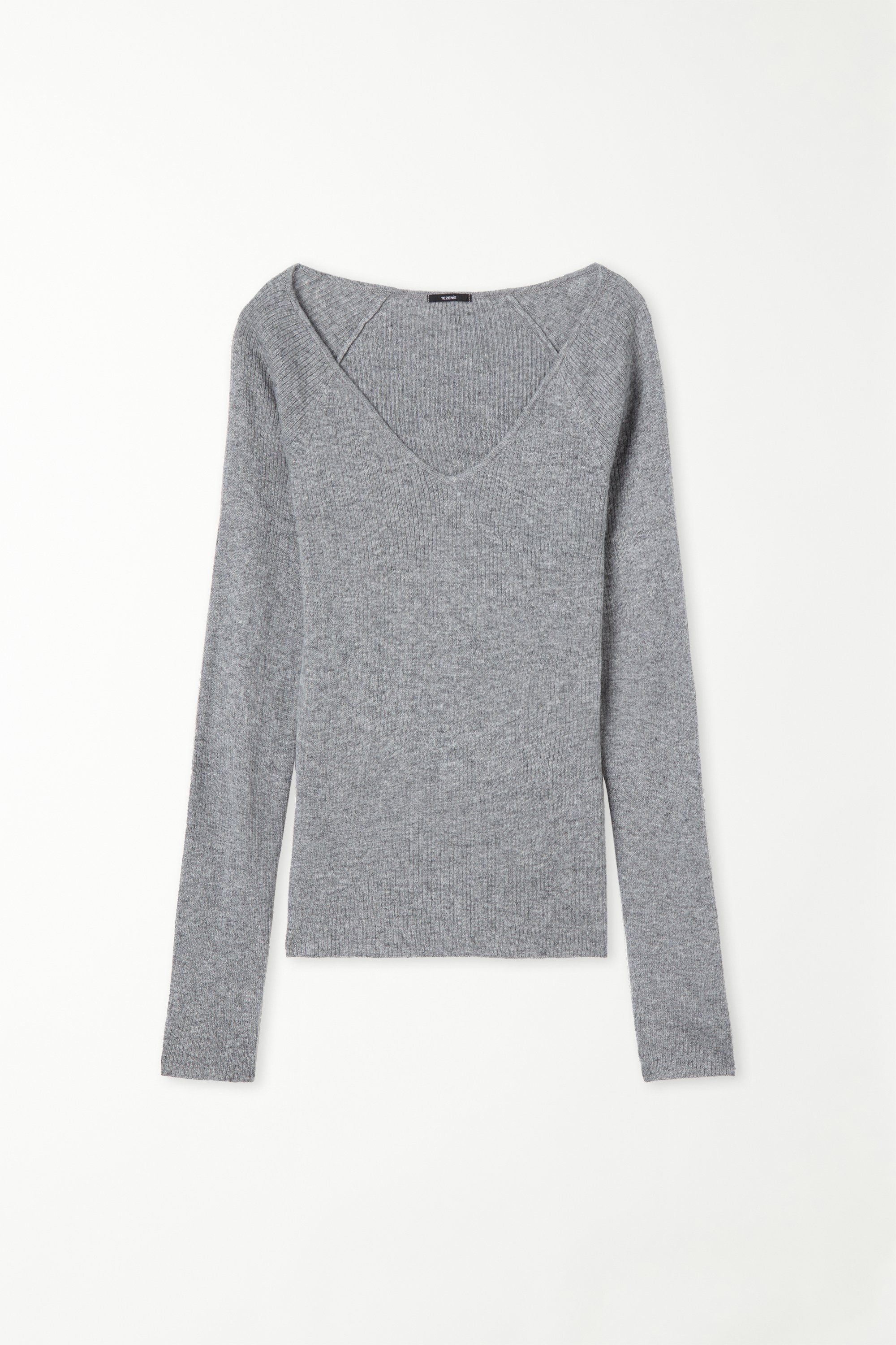 Long-Sleeved Ribbed Wool V-Neck Sweater